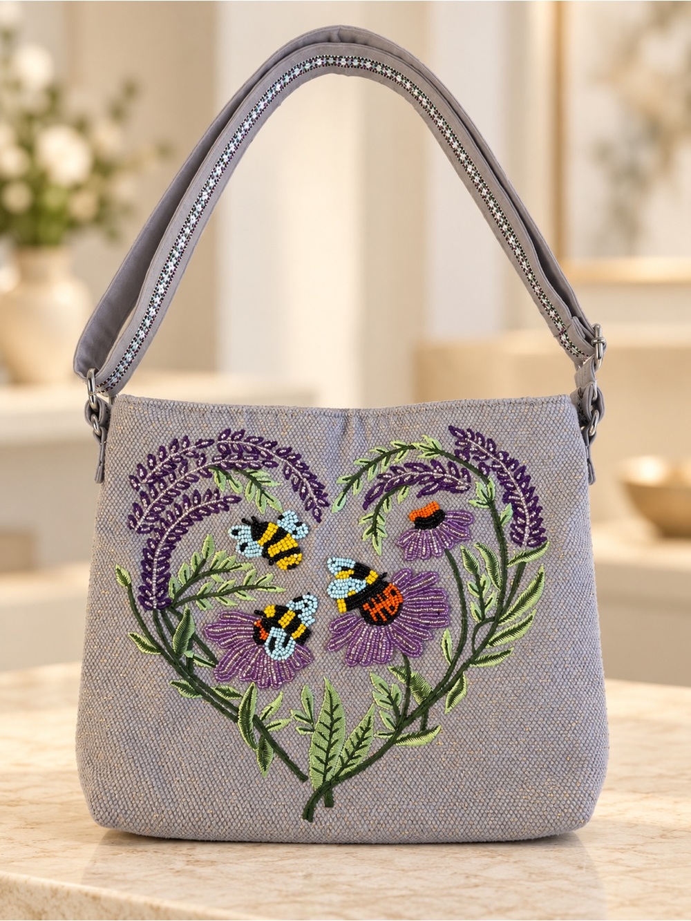 America & Beyond Embroidered Bumblebee & Floral Beaded Canvas Gray Shoulder Bag